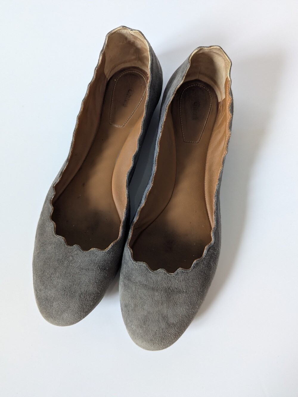 Chloe Lauren Gray Ballerina Ballet Flats 39 Suede Leather Scalloped Trim Shoes